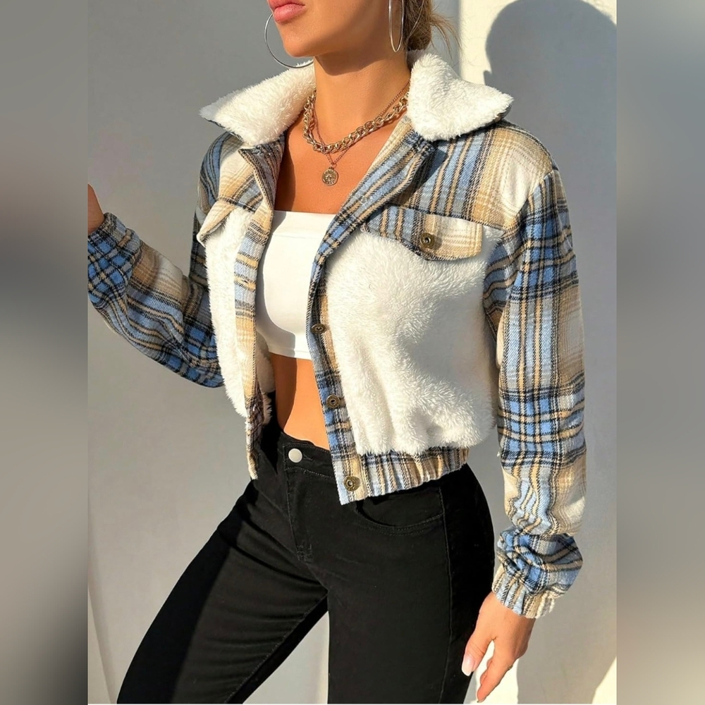 Plaid Print Button Front Crop Jacket - image 5